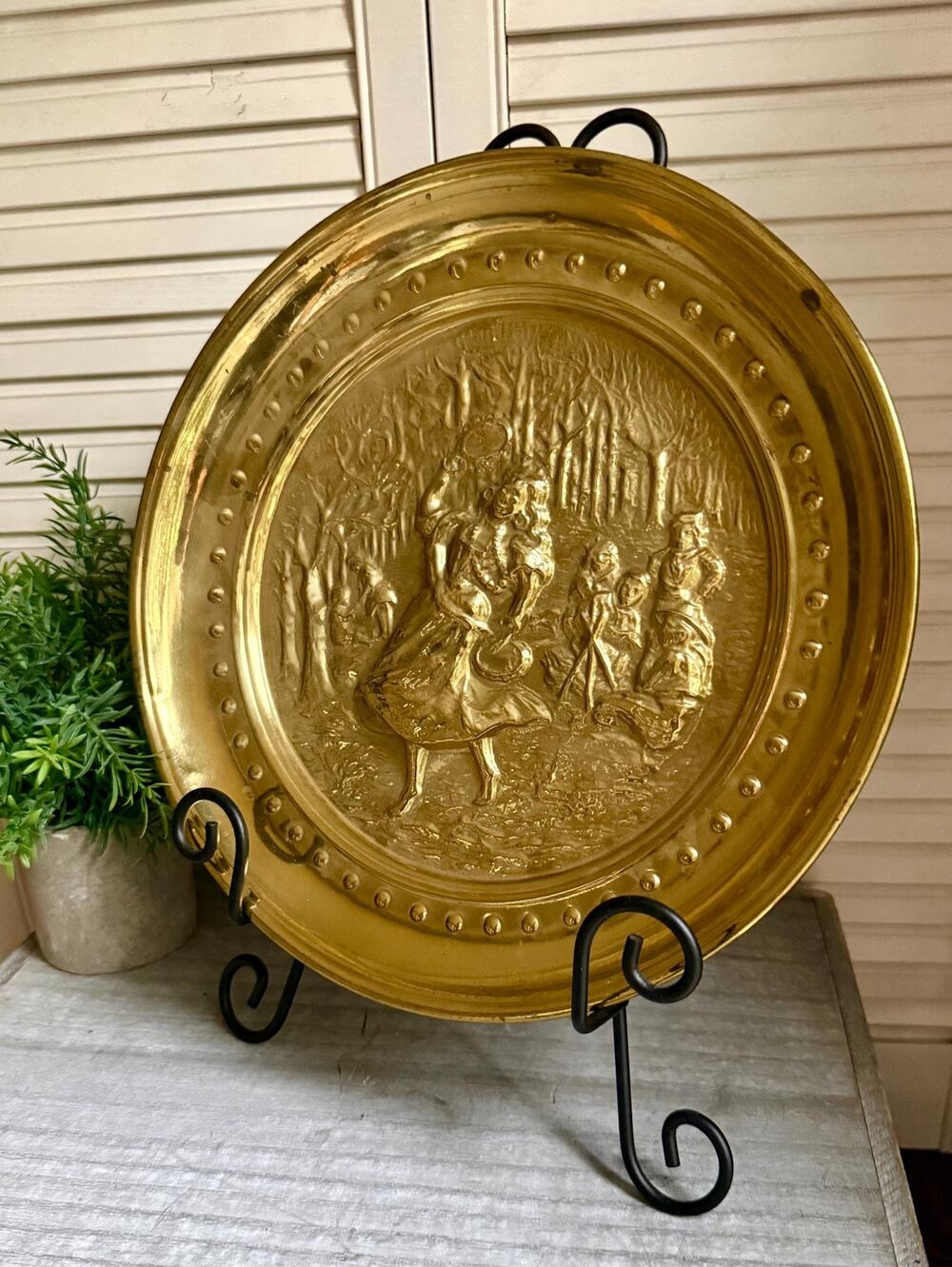 Vintage English Brass Wall Plaque | Embossed Tavern Dance Scene